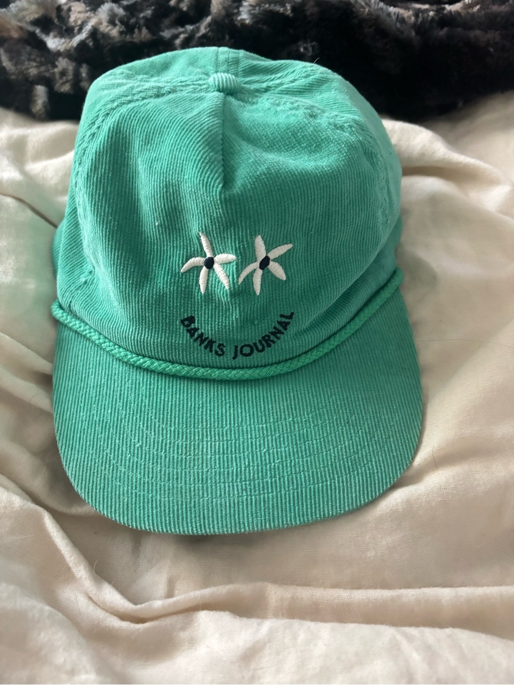 ' Teal Corduroy Cap with White Floral Embroidery